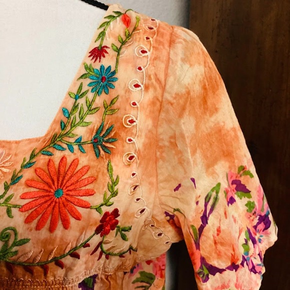 Vintage Goa Square Neck Floral Embroidered Boho Women's Top in Mango ~ Large NWT - Picture 5 of 11